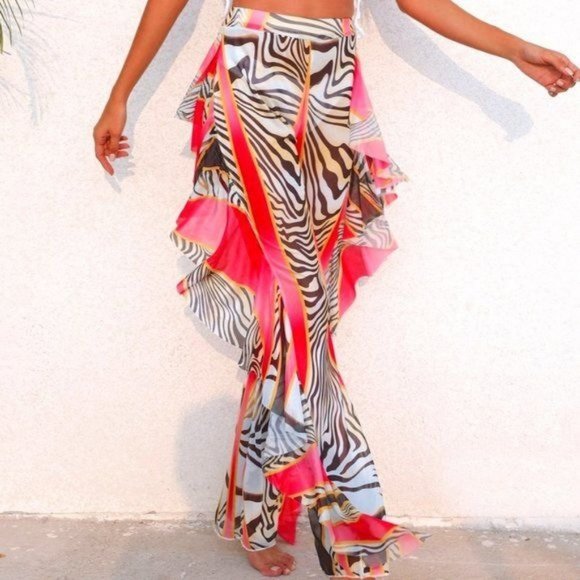 Callie Wild: Zebra Stripe Mesh Ruffle Beach Coverup Animal Print Pants - Picture 6 of 15